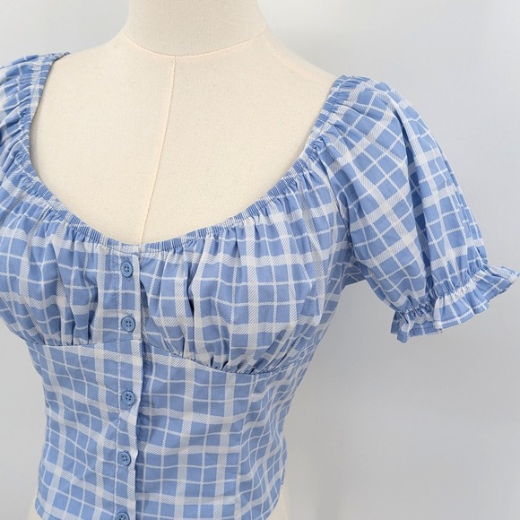 NWT Forever 21 Blue Gingham Puff Sleeve Crop Top Sz L‎ Cottagecore Coquette - Picture 4 of 10